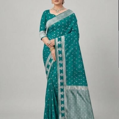 Elegant Teal Green Silk Saree with Silver Border