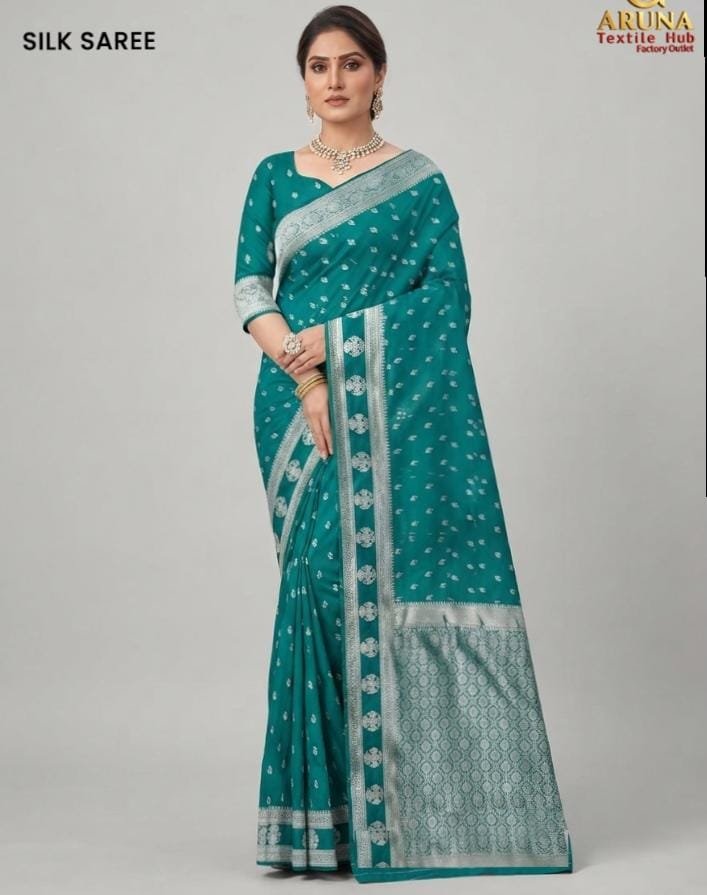 Elegant Teal Green Silk Saree with Silver Border