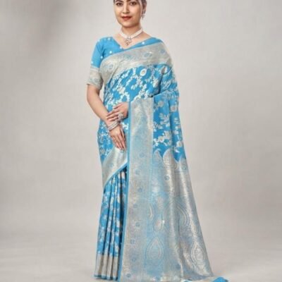 Sky Blue Silk Saree with Silver Zari Work