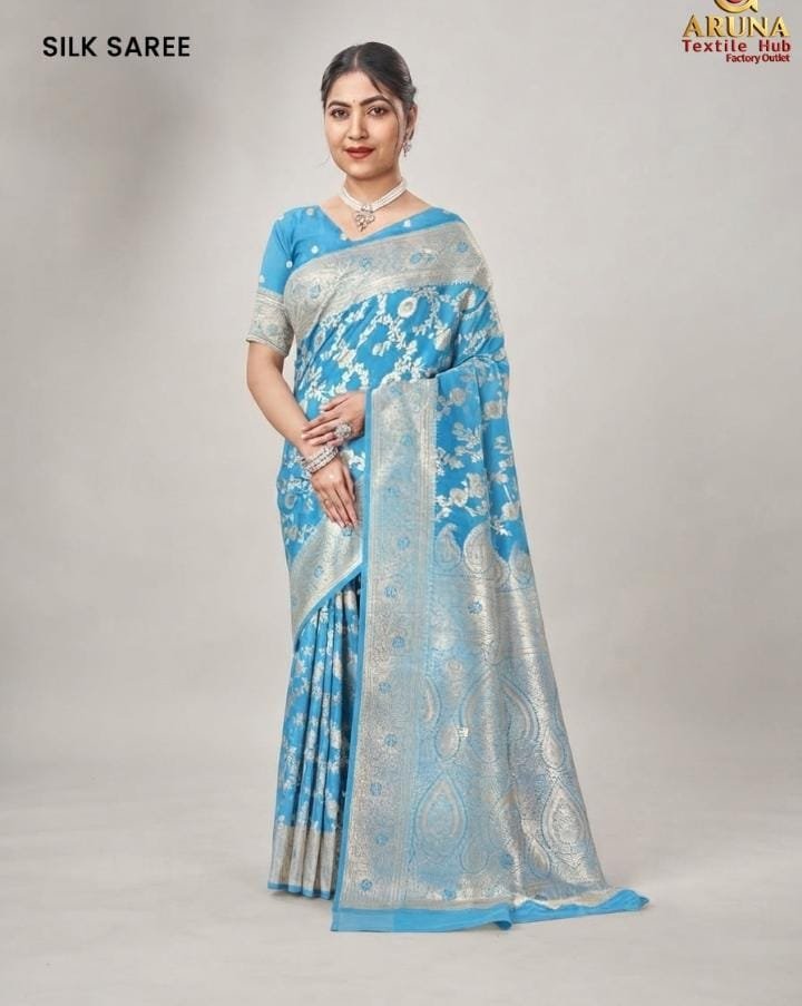 Sky Blue Silk Saree with Silver Zari Work