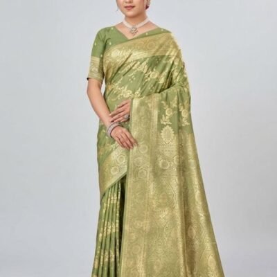 Olive Green Silk Saree with Golden Zari Work