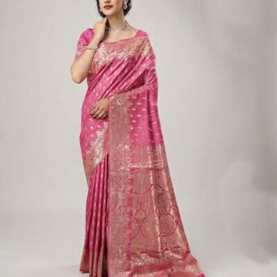 Elegant Pink Silk Saree with Silver Zari Work